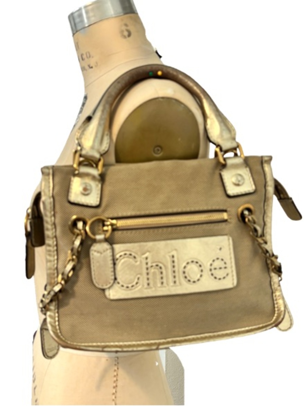 Chloé Chloe Harley Mini Boston Canvas x Calf Champagne Gold Handbag O/S